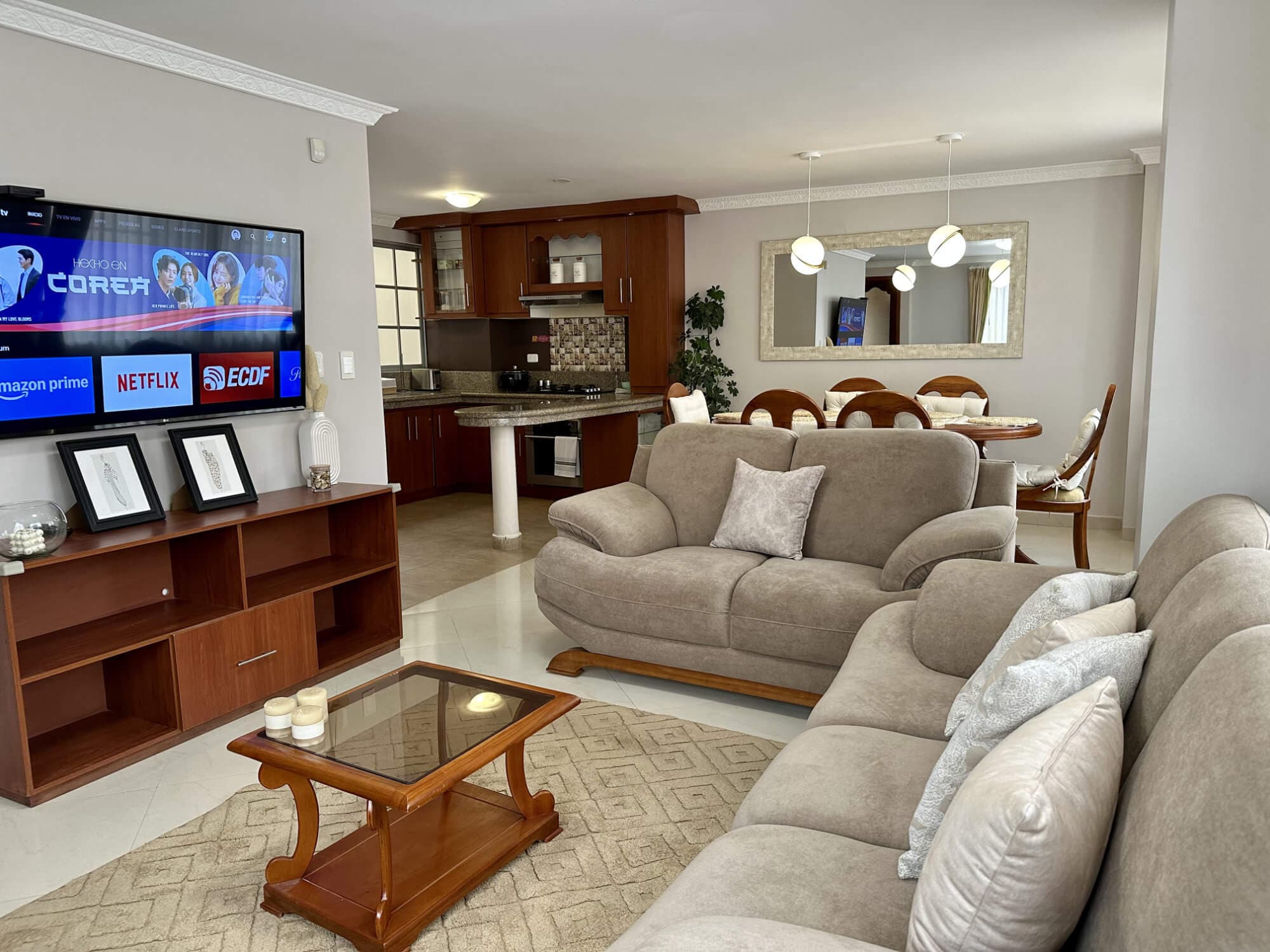 Sala con muebles y chimenea